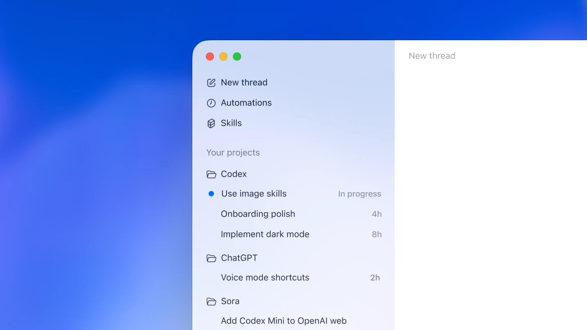 New skill creation modal offering options to create a skill with Codex from a thread or upload a skill file, with additional suggested skills listed below.