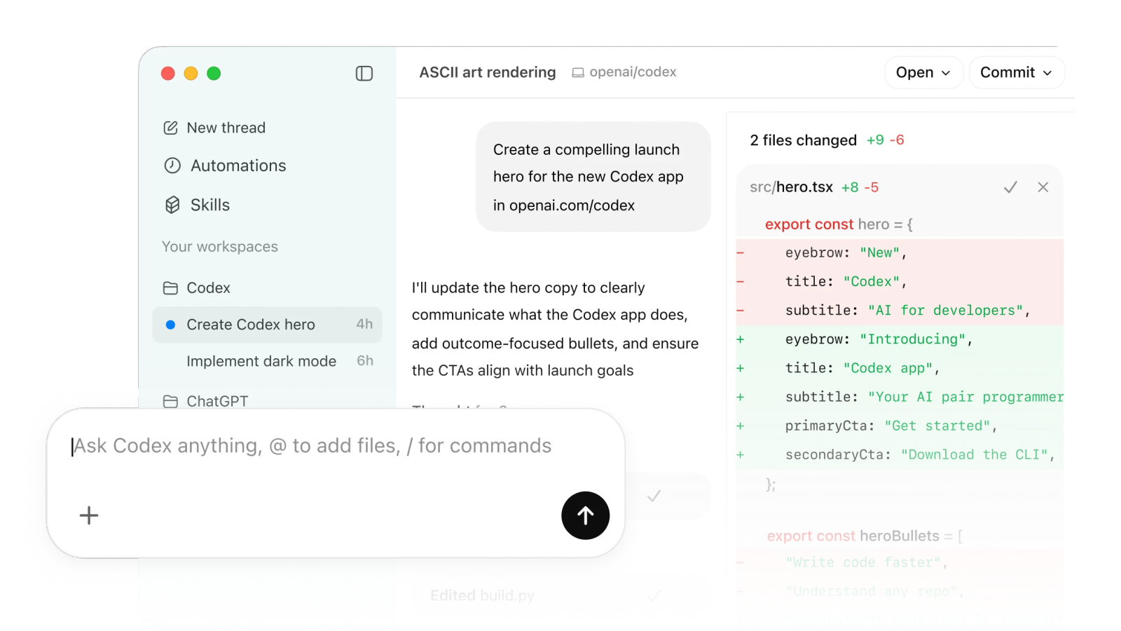  Codex interface showing a workspace sidebar with tasks like “Create Codex hero” and “Implement dark mode.” The main panel displays a prompt to create a launch hero for the Codex app, progress updates (reading and editing files), and an input field labeled “Ask Codex anything,” with the model set to GPT-5.3-Codex.
